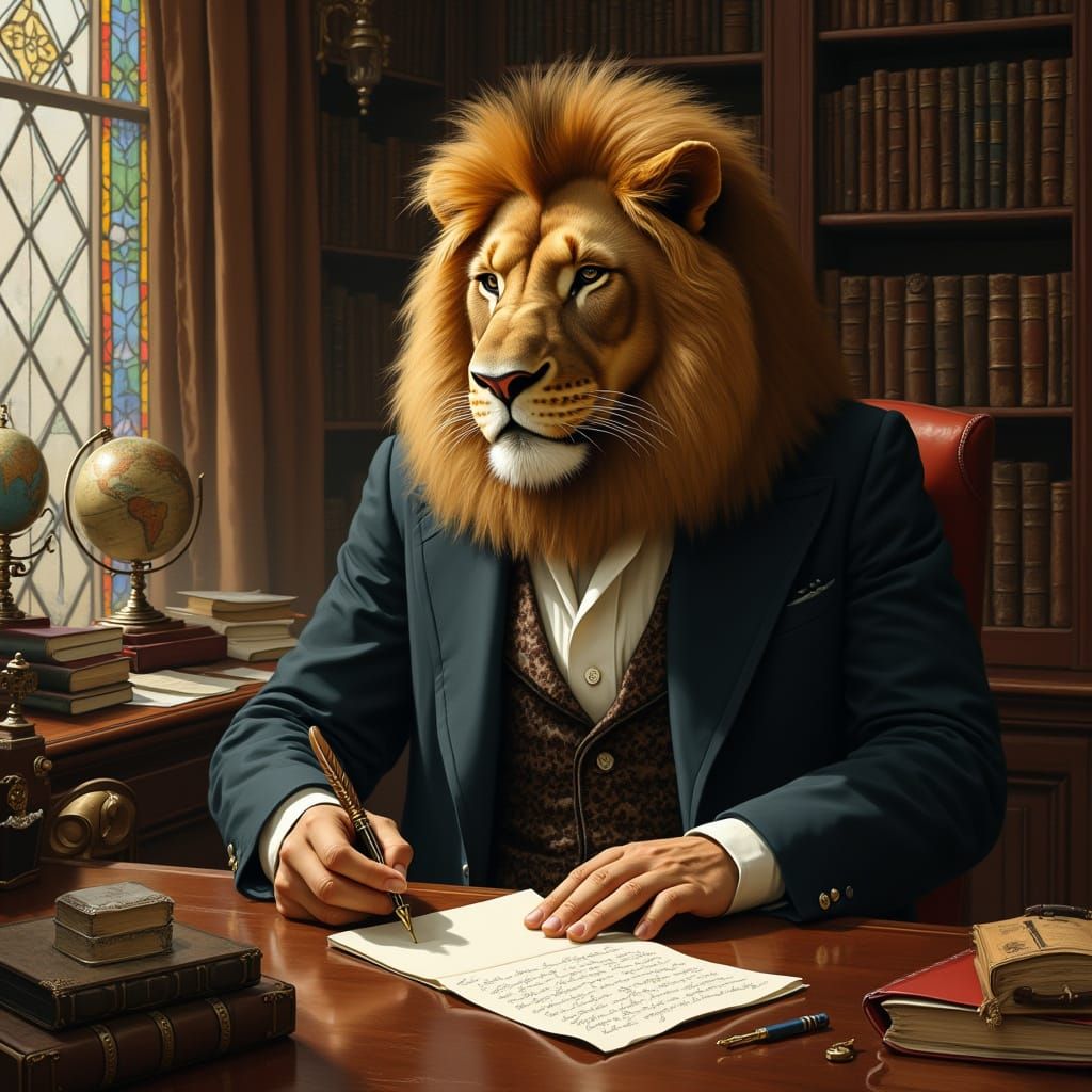 Lion Gentleman Writing Letter in Stately Study