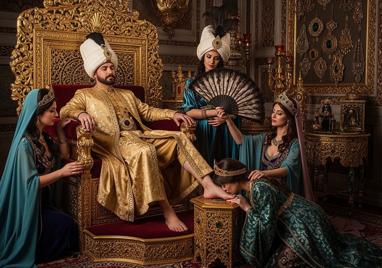 Ottoman Sultan on Gold Throne in Opulent Palace