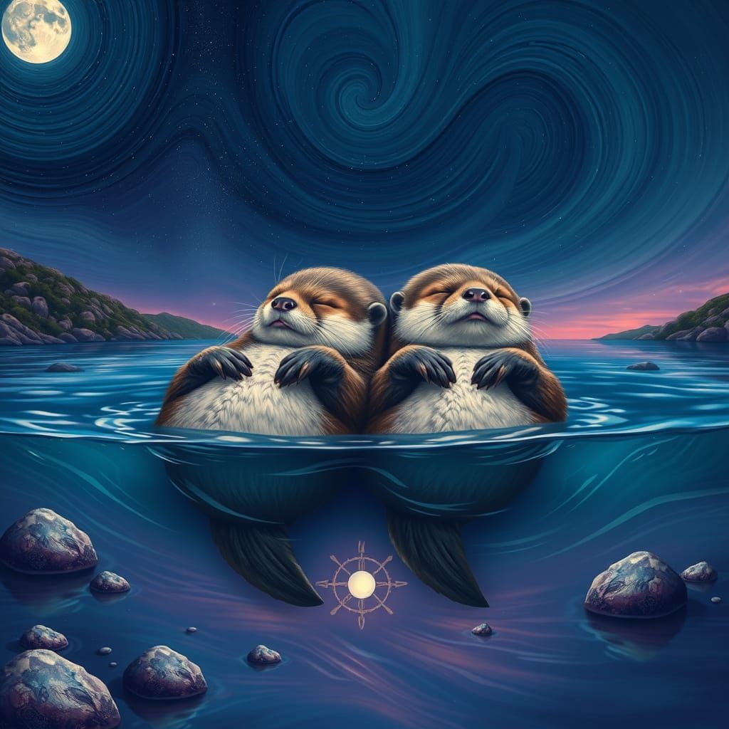 Surreal Otters Floating Asleep in Galactic River