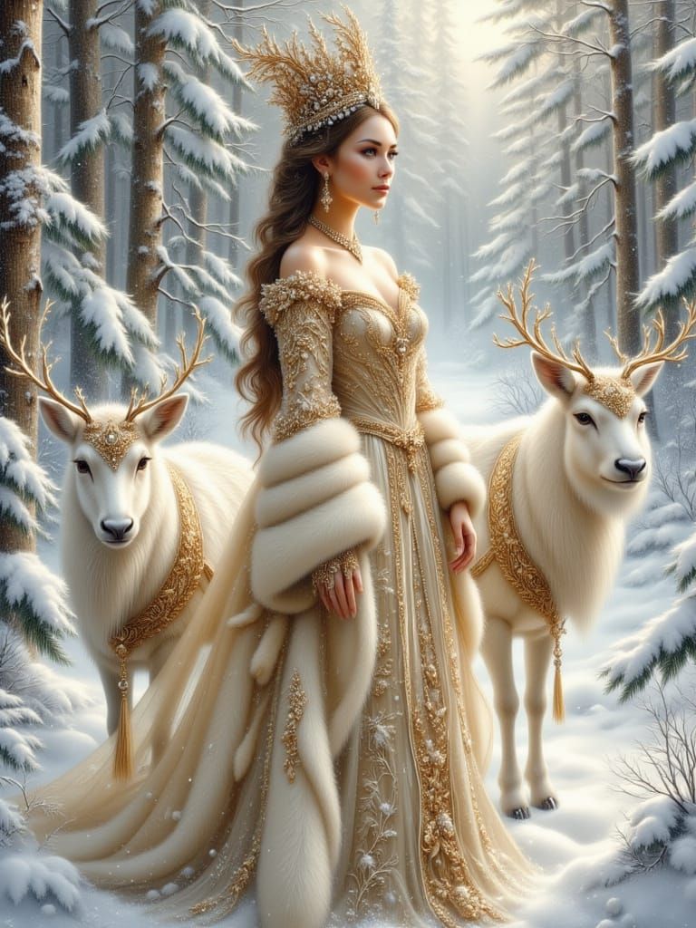 Winter Queen and Reindeer in Snowy Forest Oil Painting