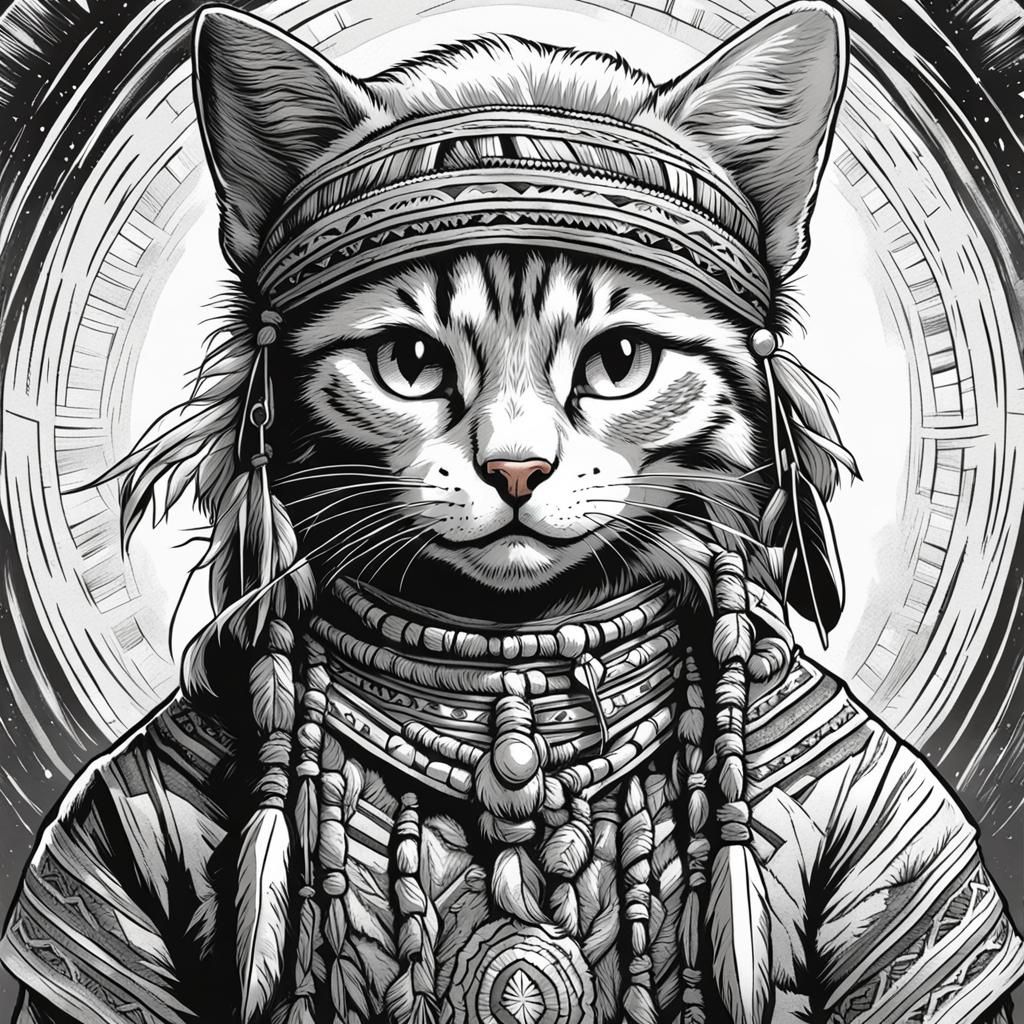 Kitten Dressed as Native American in Tenniel Style