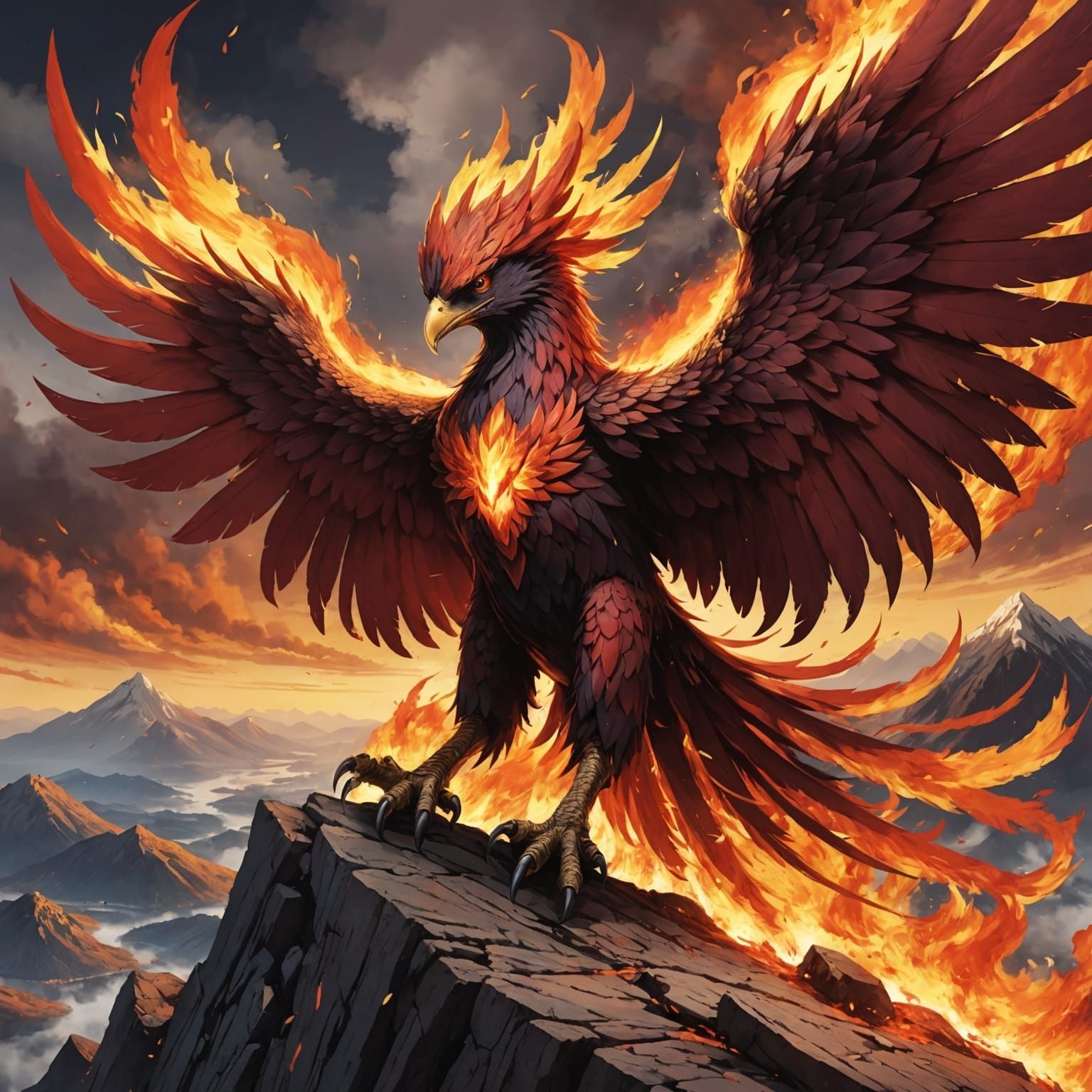 Fiery Phoenix Rebirth on Mountain Top
