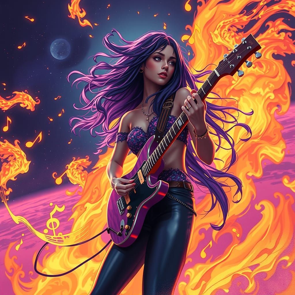 Cosmic Rockstar Ignites the Galaxy with Guitar Flames