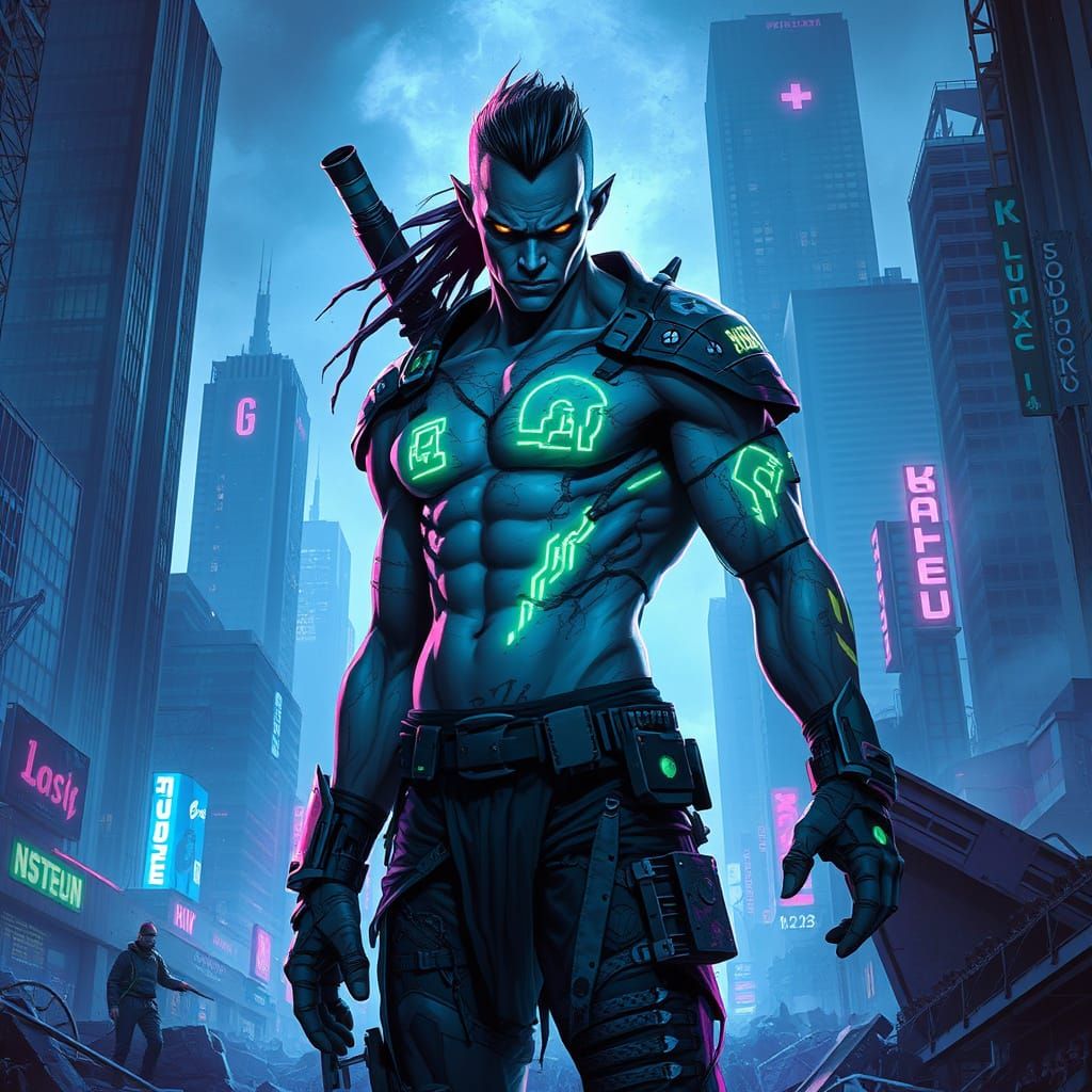 Cyberpunk Androgynous Warrior in Ruined Metropolis