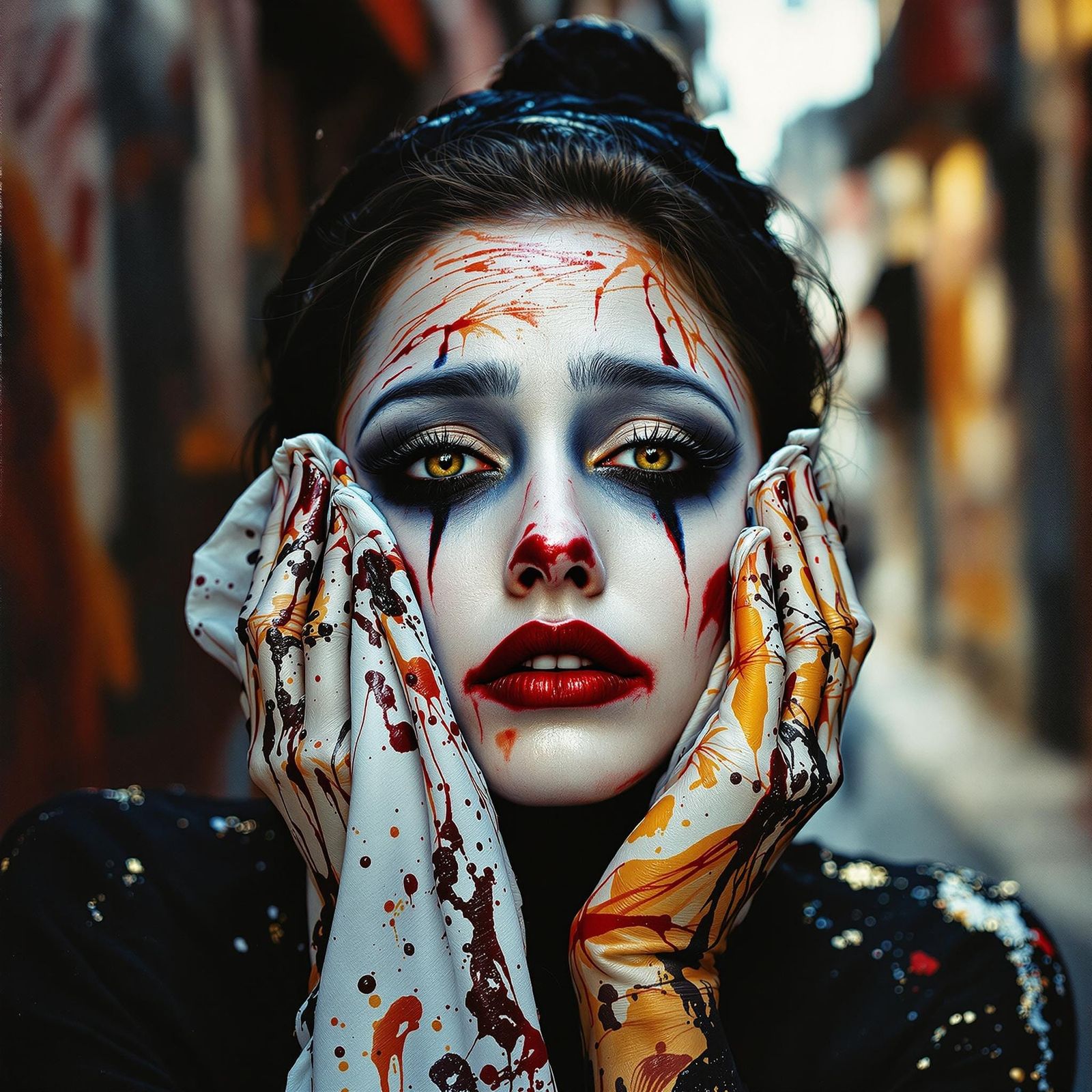 Ethereal Woman Mimes in a Dramatic Alley Setting