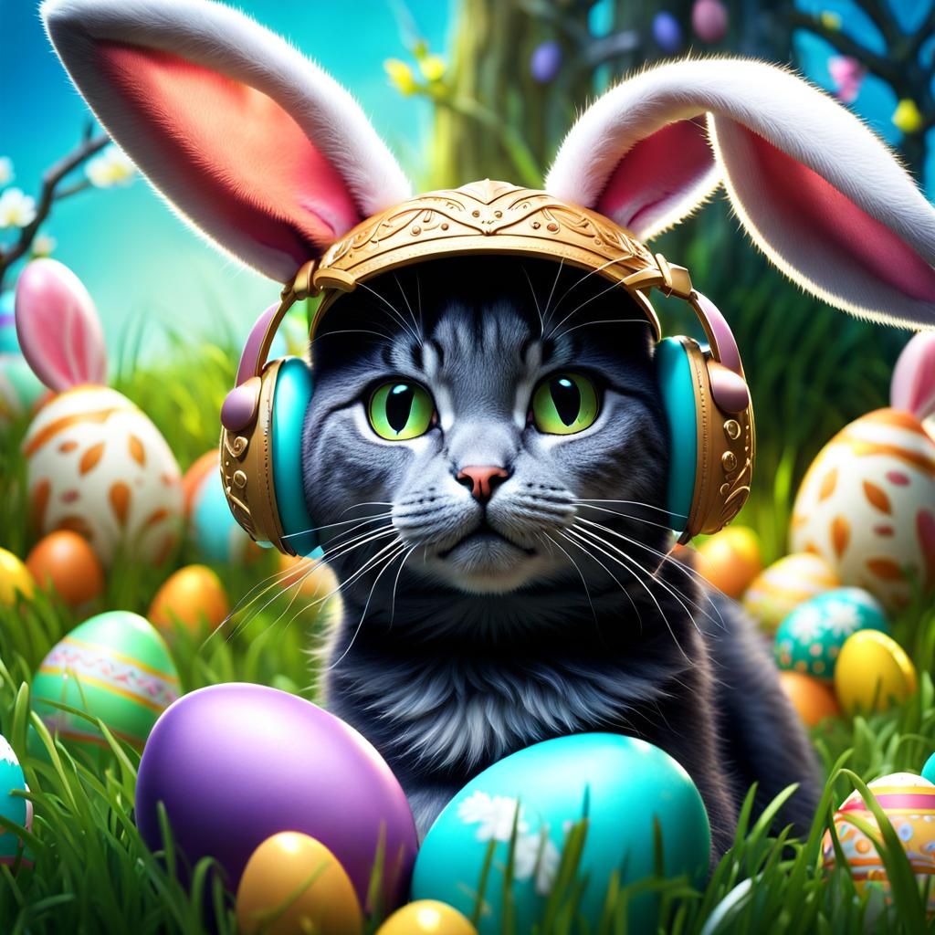 Easter Cat with Rabbit Ears and Eggs