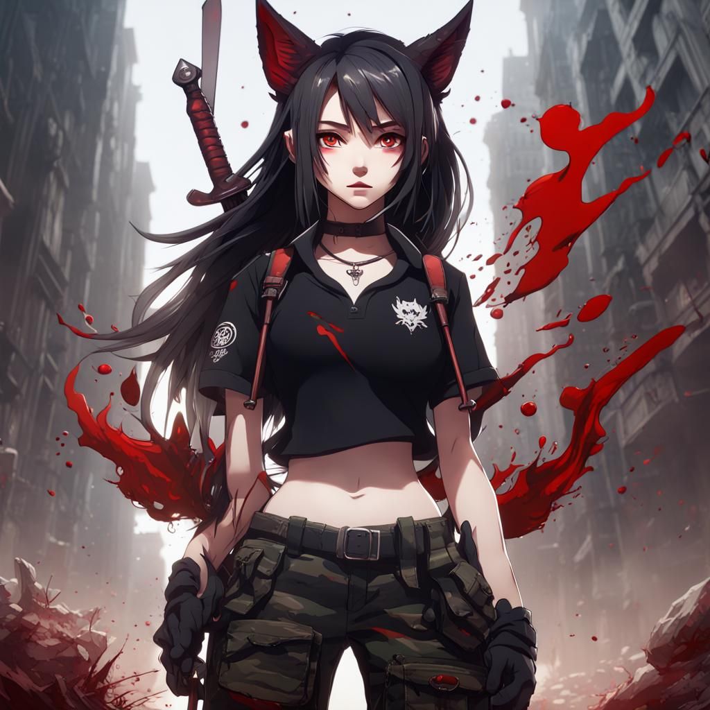 Anime Girl with Wolf Features and Bloody Sword