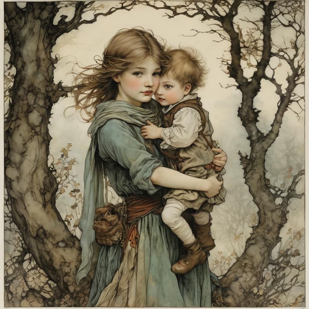 Sister Protecting Brother: Whimsical Fantasy Illustration