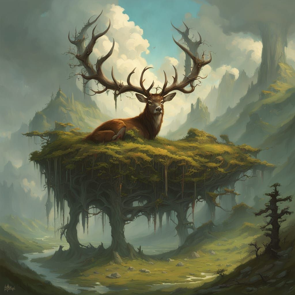 Giant Rune Deer in Epic Fantasy Landscape