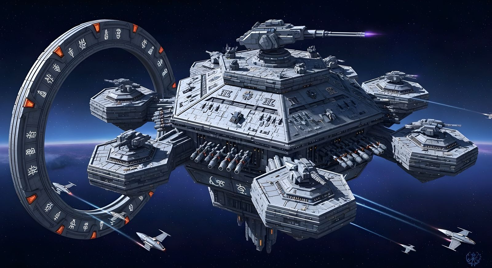 Hexagonal Space Fortress Guarding Stargate in Sci-Fi Style