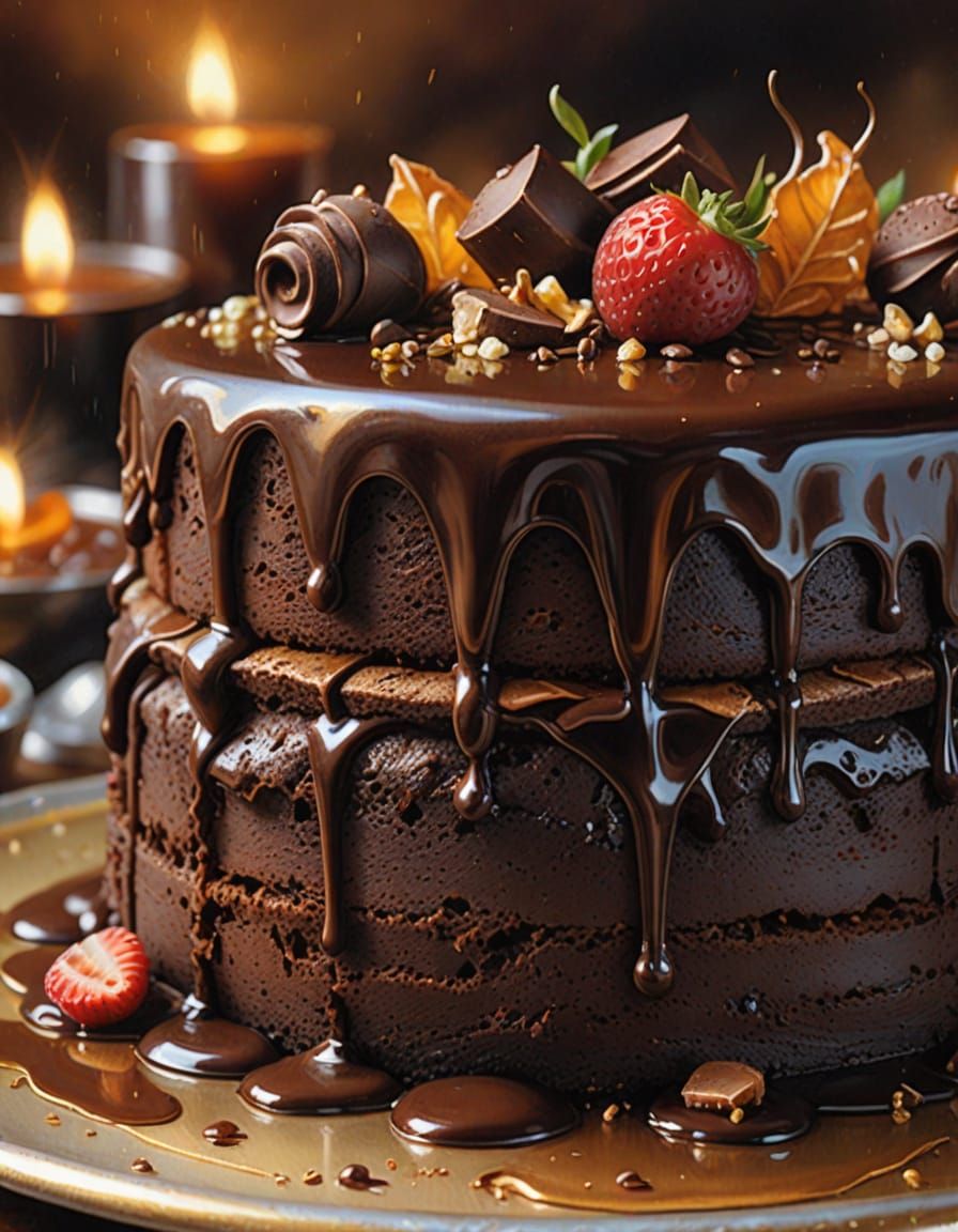 Glistening Chocolate Fondant Cake in Oil Painting Style