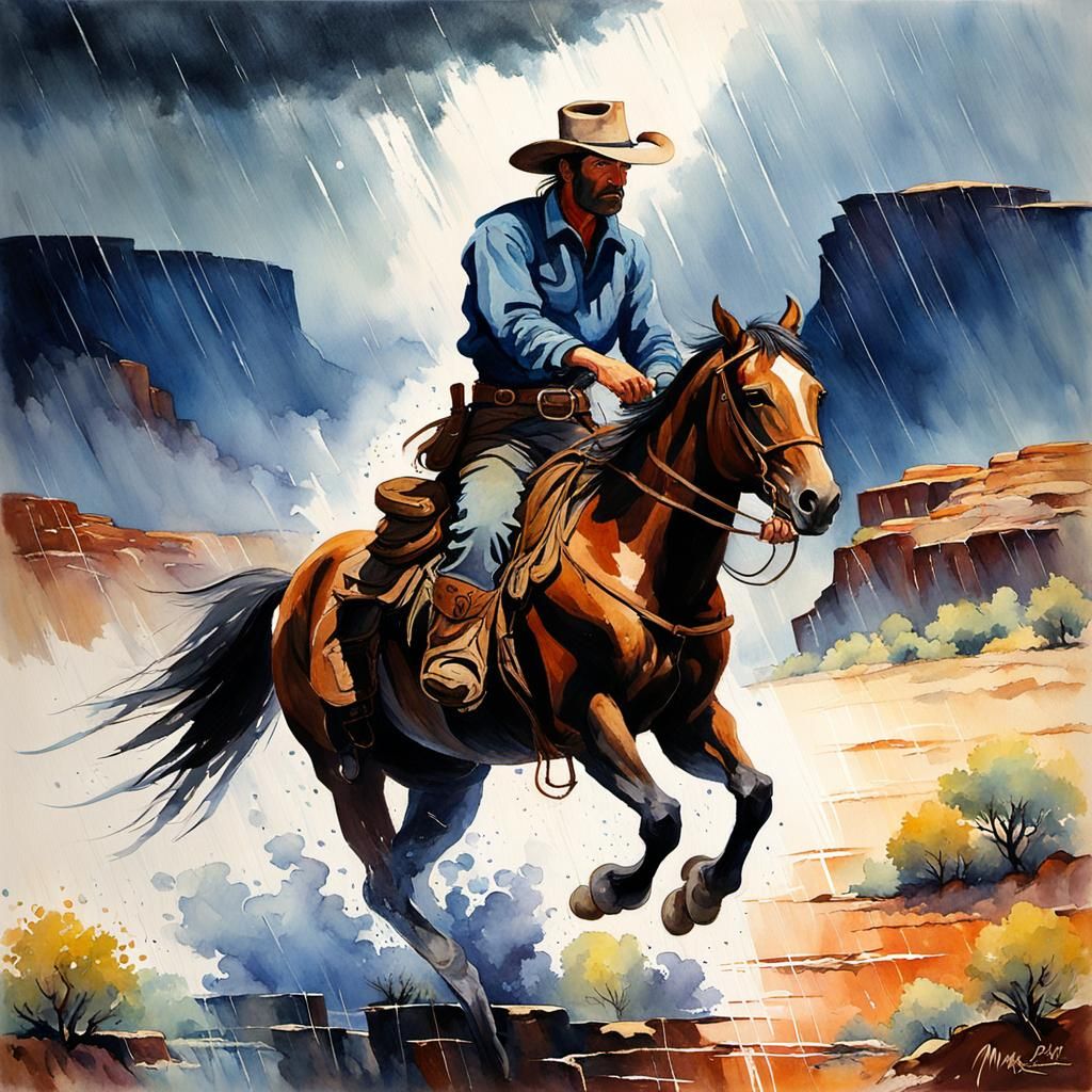 Cowboy on Horseback in Rainy Western Watercolor