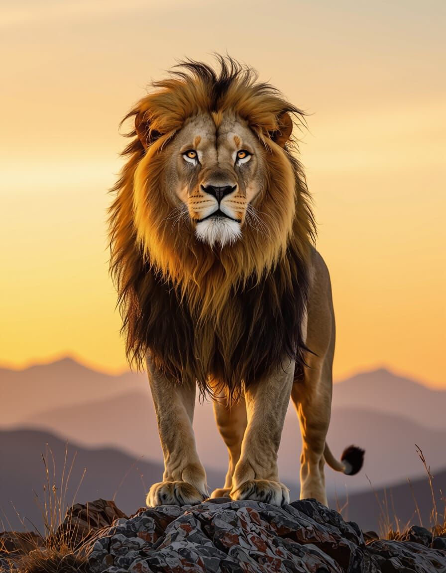 Lion on Windswept Peak in Hyperrealistic Style