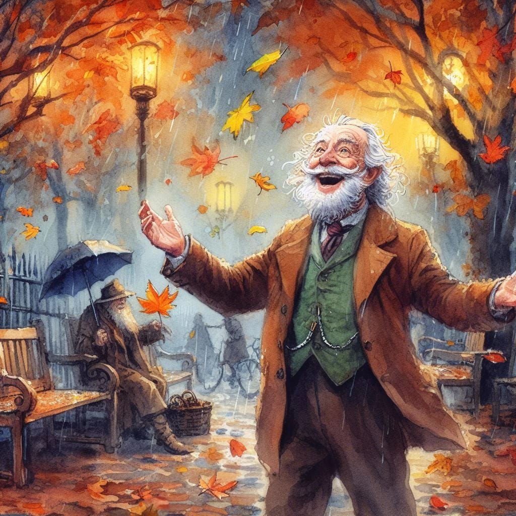 Happy Old Man in Rainy Autumn Park Watercolor