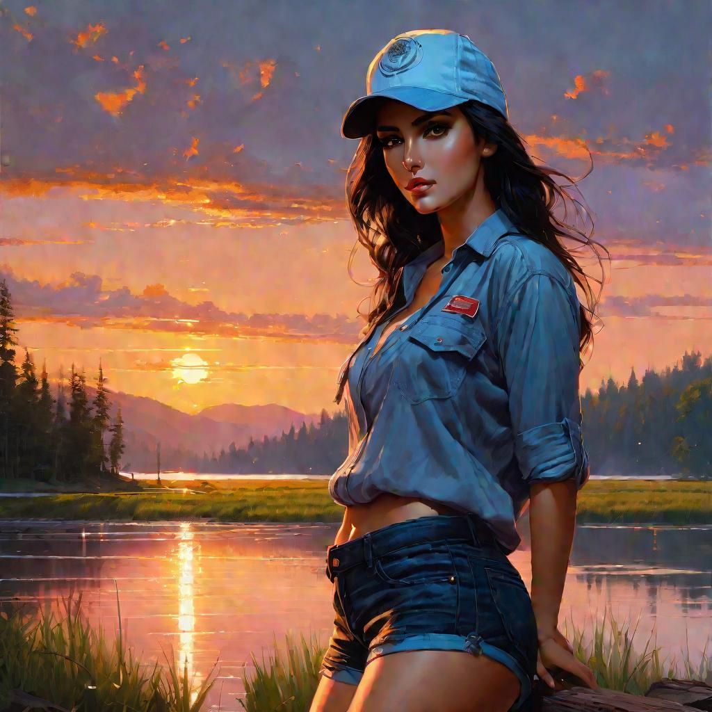 Sunset Lake Portrait in Splash Art Style