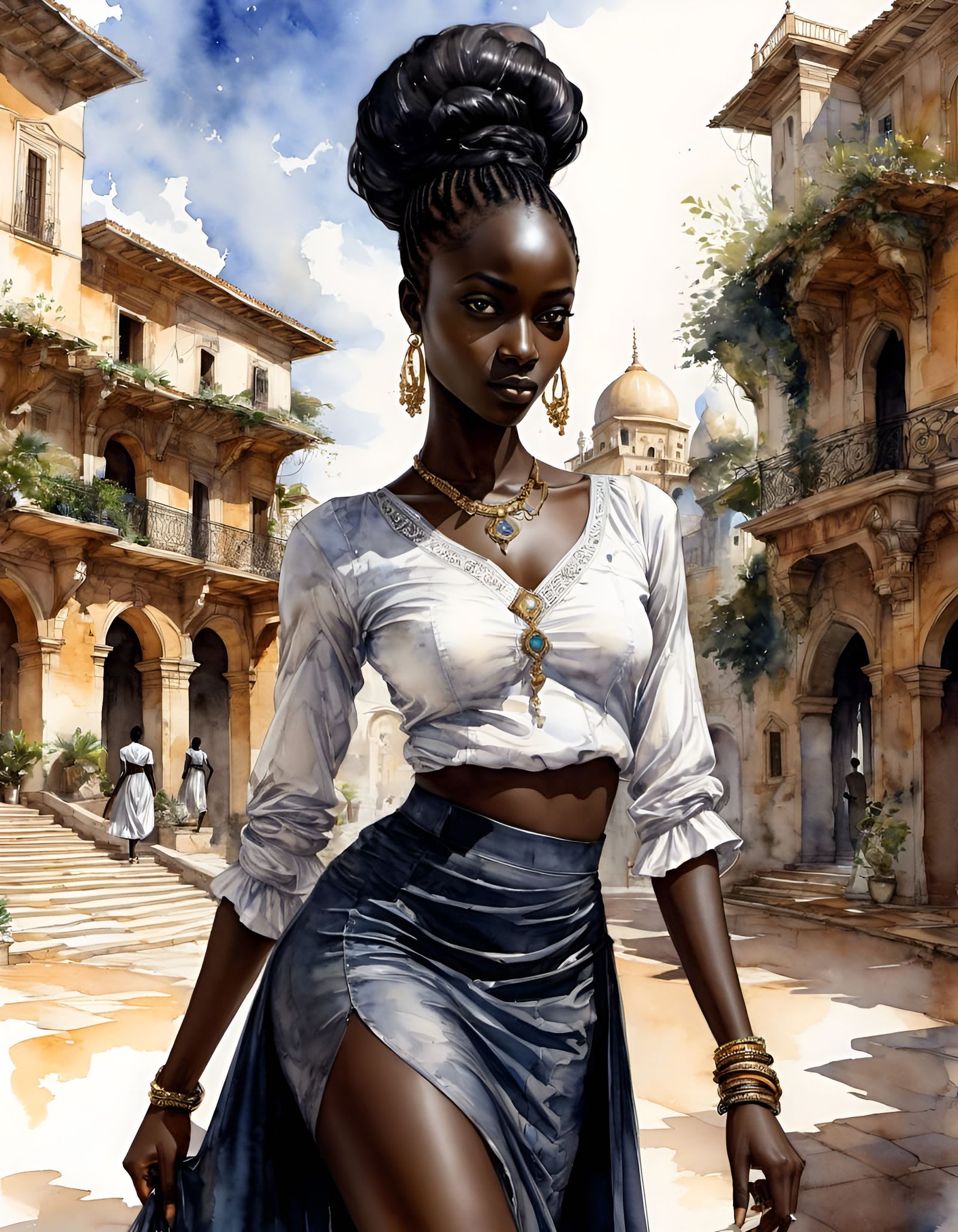 Glamorous Senegalese Villainess in Watercolor Sketch