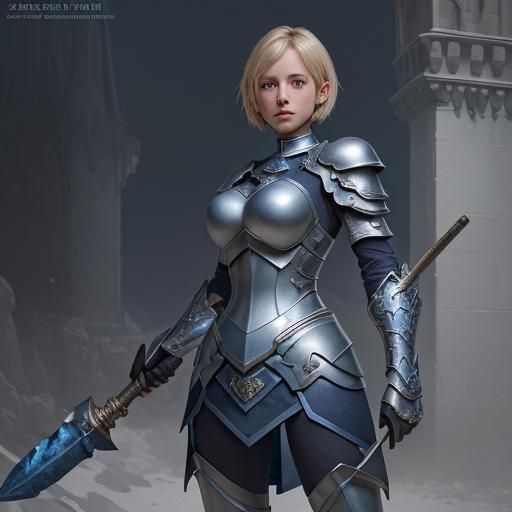 Woman Warrior in Blue Armor with Hammer