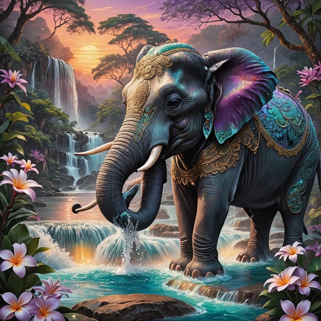 Sunset Thailand Waterfall with Elephant in Splash Art