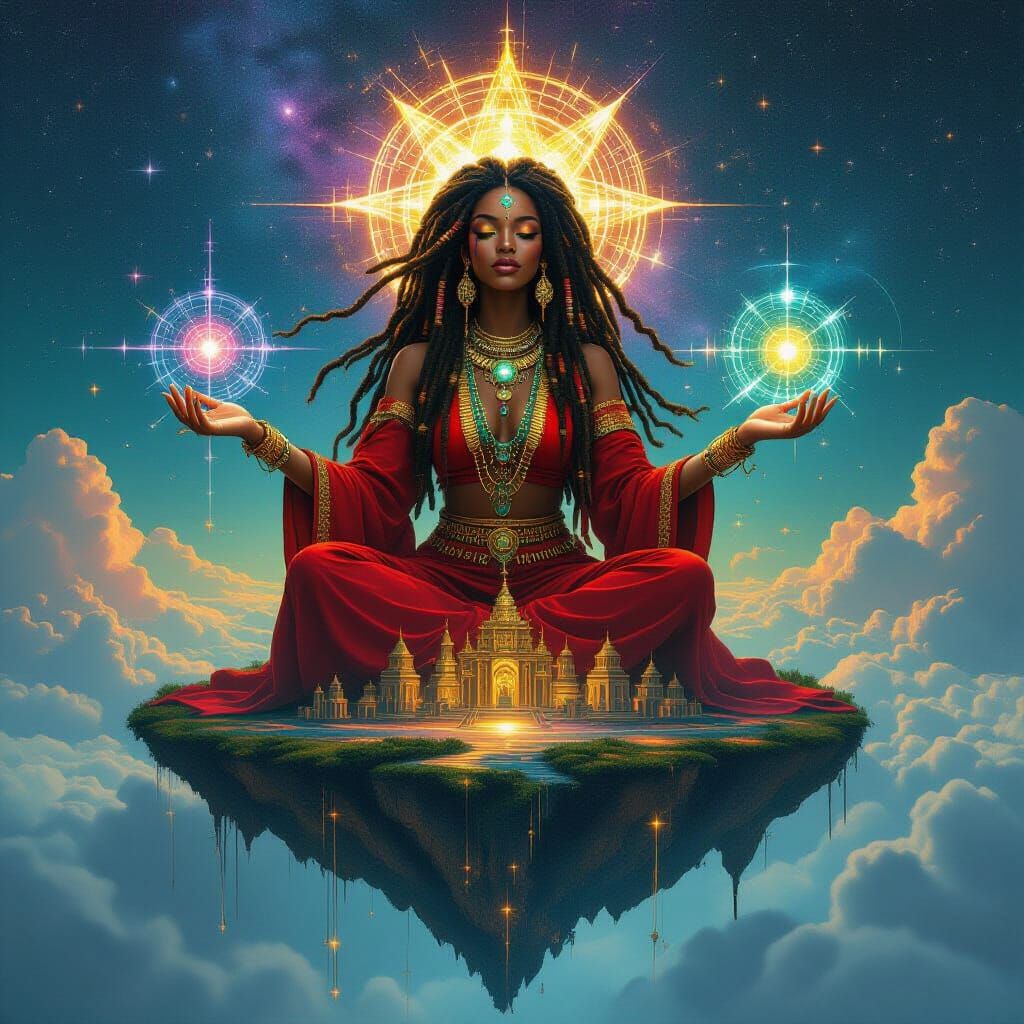 Celestial Afro-Caribbean Woman Above Sound System Temples