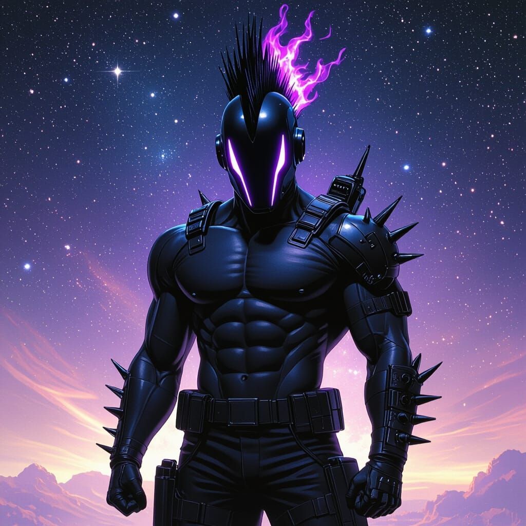Muscular Space Man with Flaming Mohawk in Cyberpunk Style