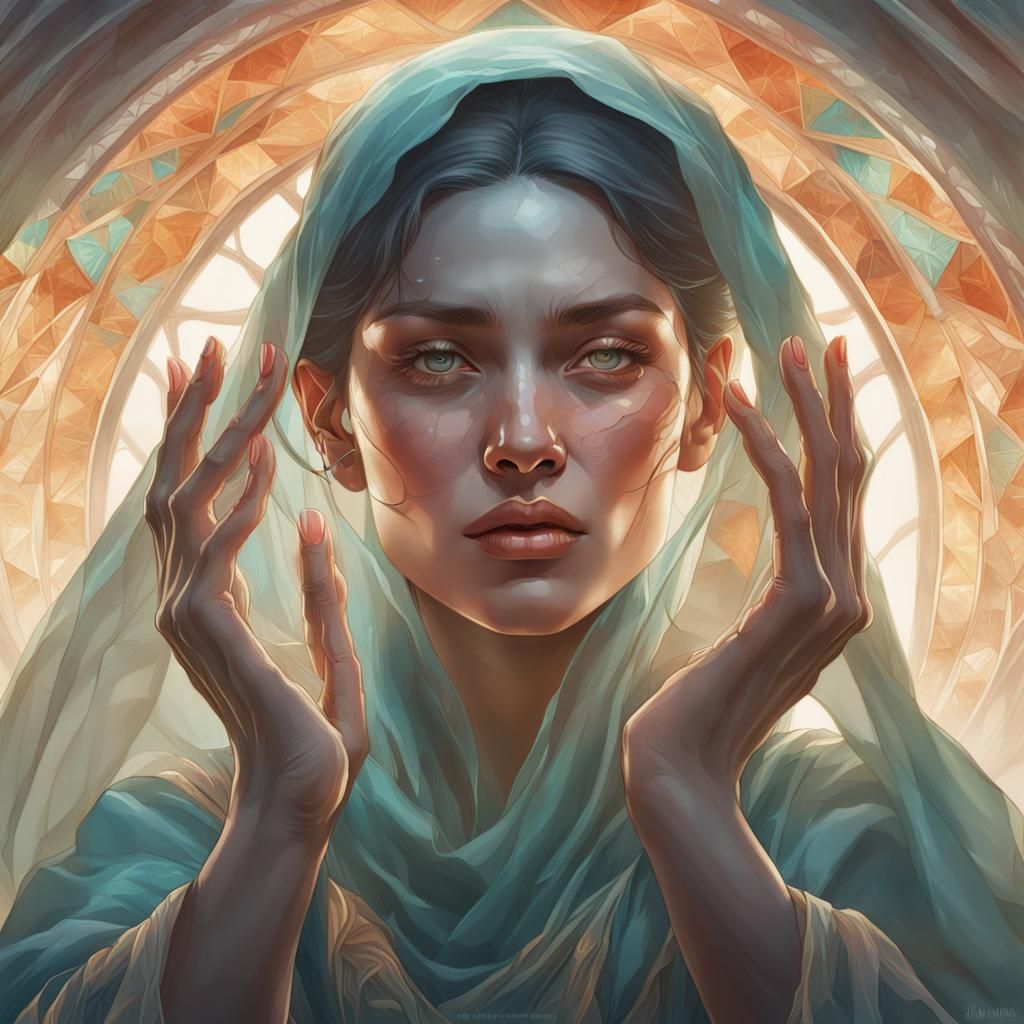 Woman Reveals Face in Art Nouveau Portrait