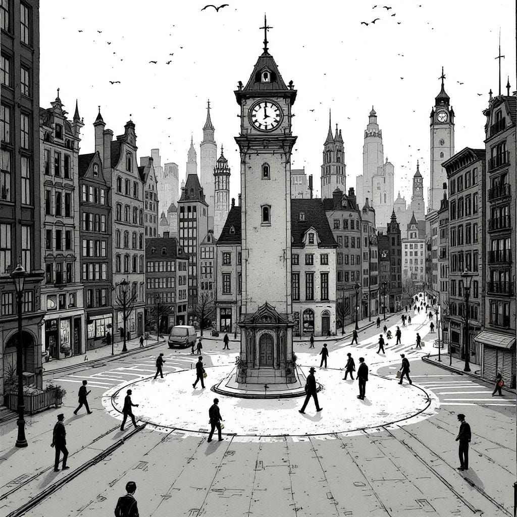 City Crossroads with Clocktower in Hand-Drawn Style