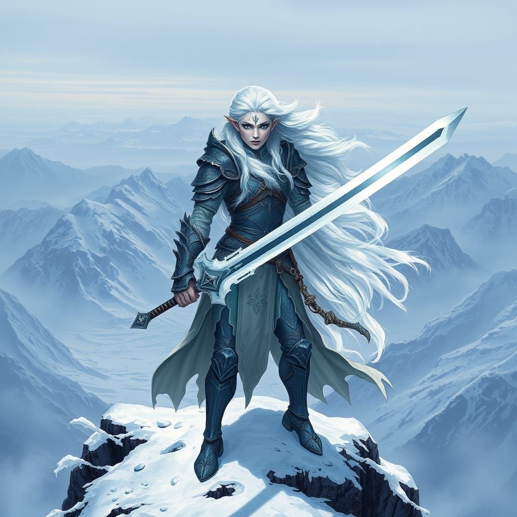 Snow Elf Battlemage in Elegant Art Nouveau Armor