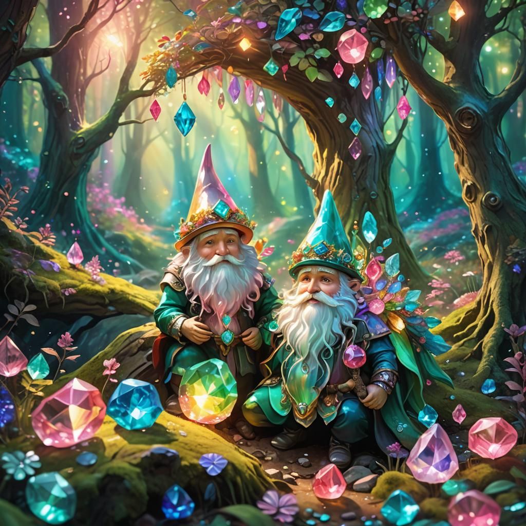 Gnomes Embrace in Rainbow Forest: Whimsical Fantasy Art