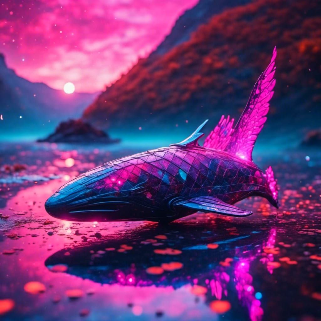 Winged Magical Whale in Cyberpunk Neon Sea