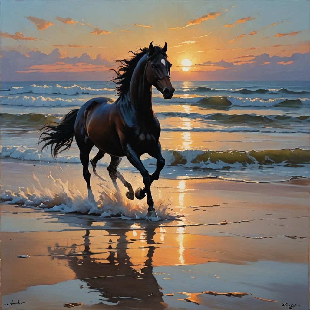 Galloping Horse Silhouette at Sunset: Oil Painting