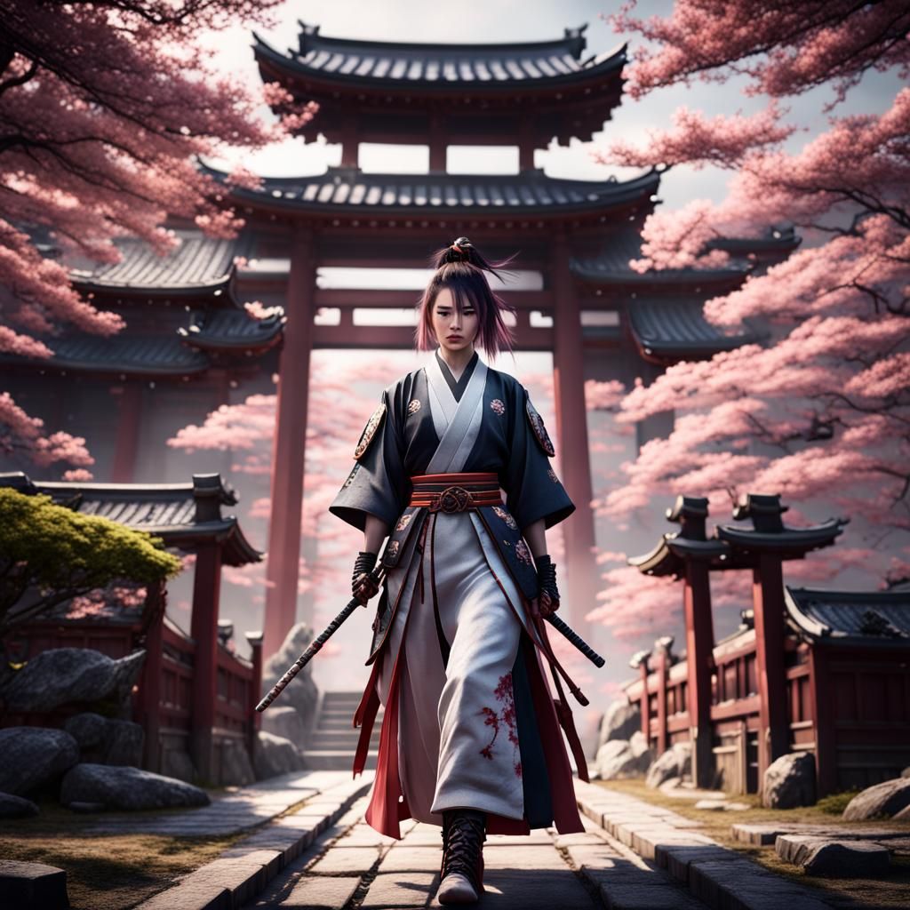 Epic Samurai Woman at Japanese Temple