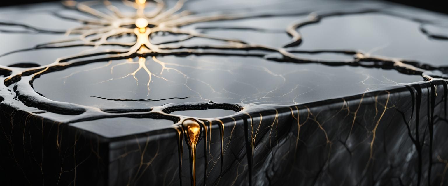 Glowing Gold Drop on Black Marble in Biomechanical Style