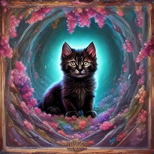 Cute Black Kitten with Fairy Lights, Magical Realism