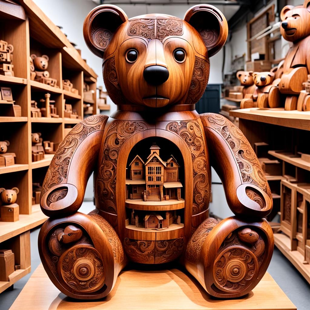 Wooden Teddy Bear Sculpture with Carving Shop Interior