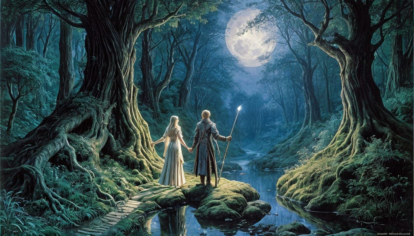 Elven Couple in Enchanted Forest, Fantasy Art