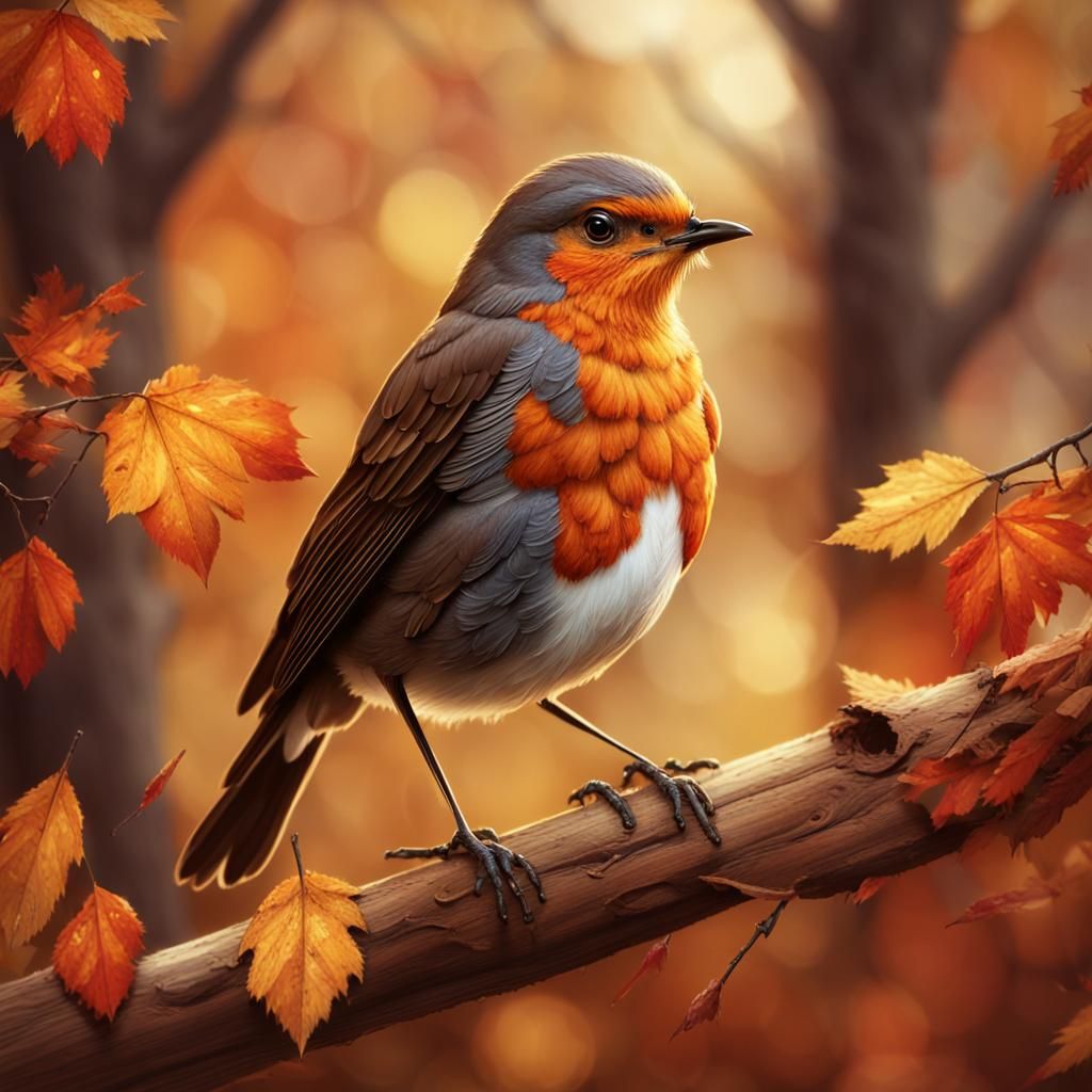 Robin Portrait in Autumnal Oil Painting Style