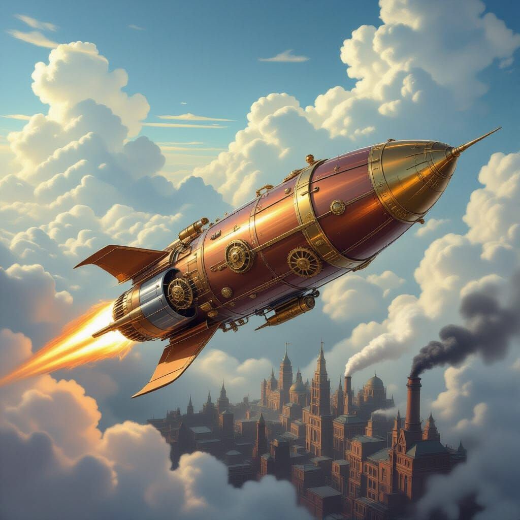 Steampunk Rocket Soars Above Victorian City