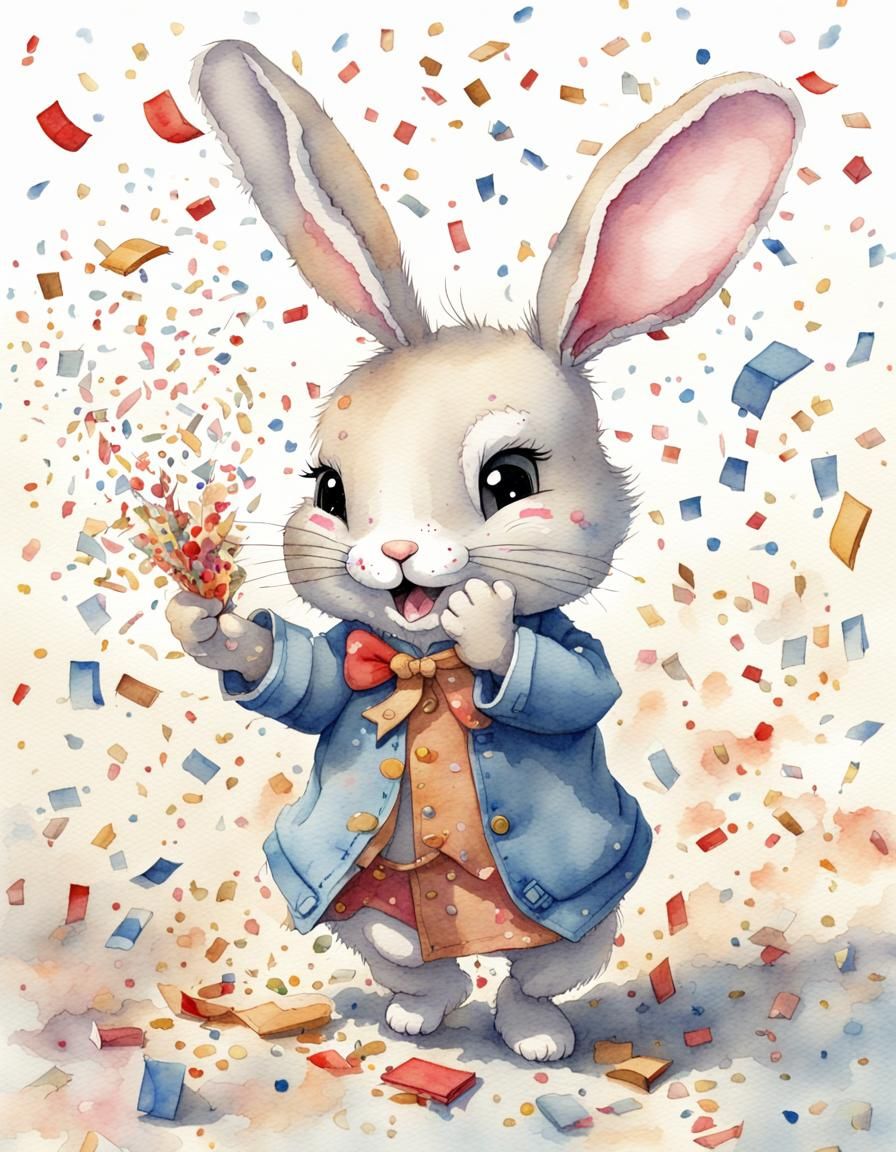 Chibi Rabbit Confetti Celebration in Watercolor