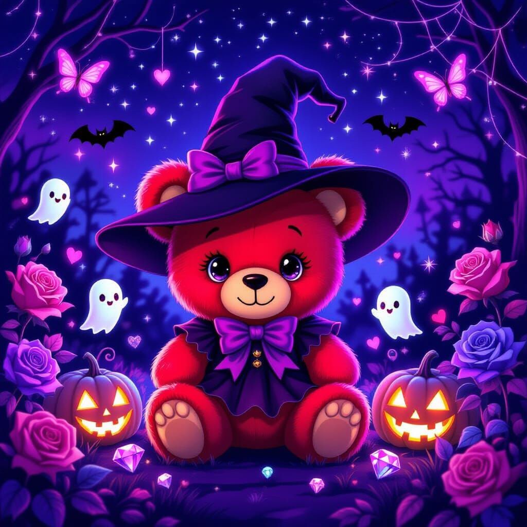 Kawaii Red Witch Bear in Magical Halloween Garden