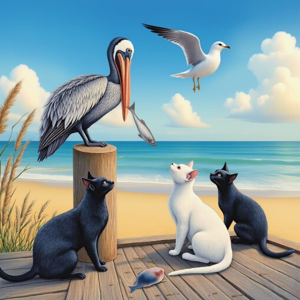 Cats and Pelican Compete for Fish on Dock