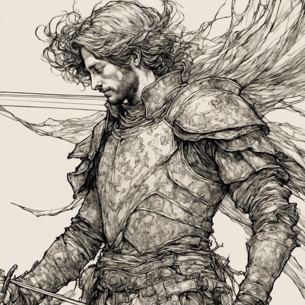 Medieval Armored Fighter with Practice Sword in Line Drawing