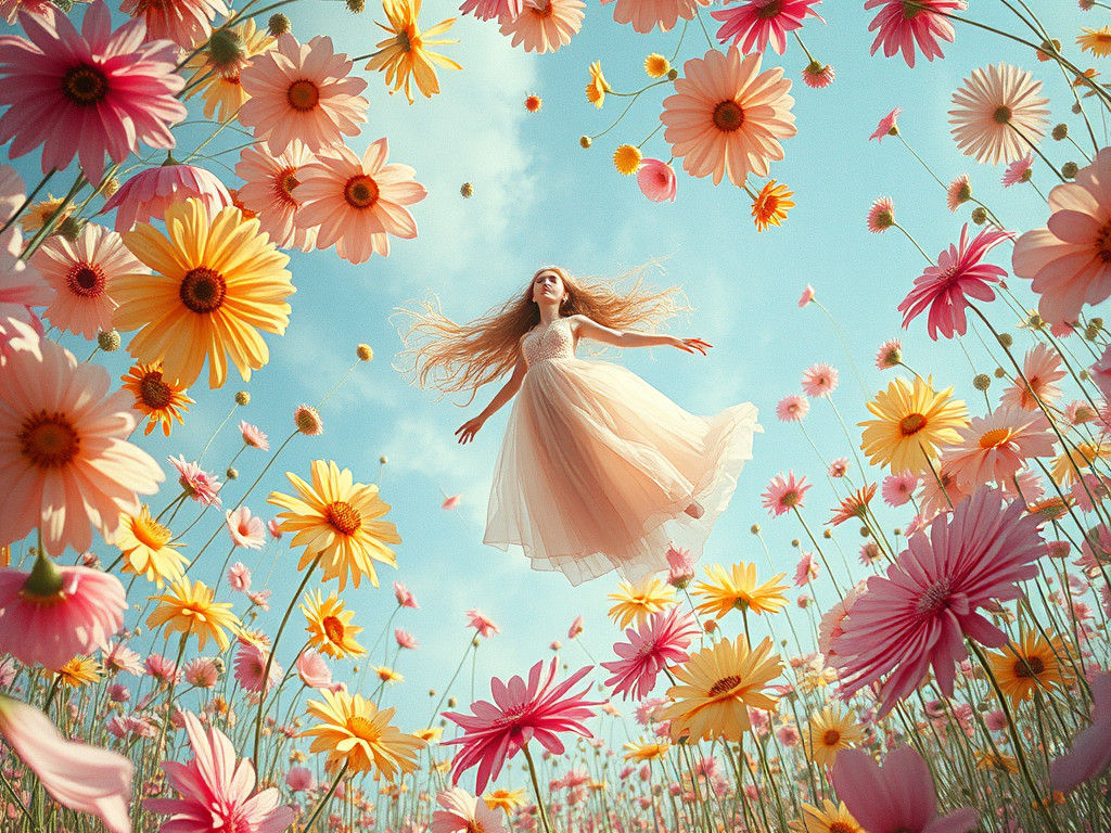 Woman in Floral Dreamscape, Ethereal Art Style