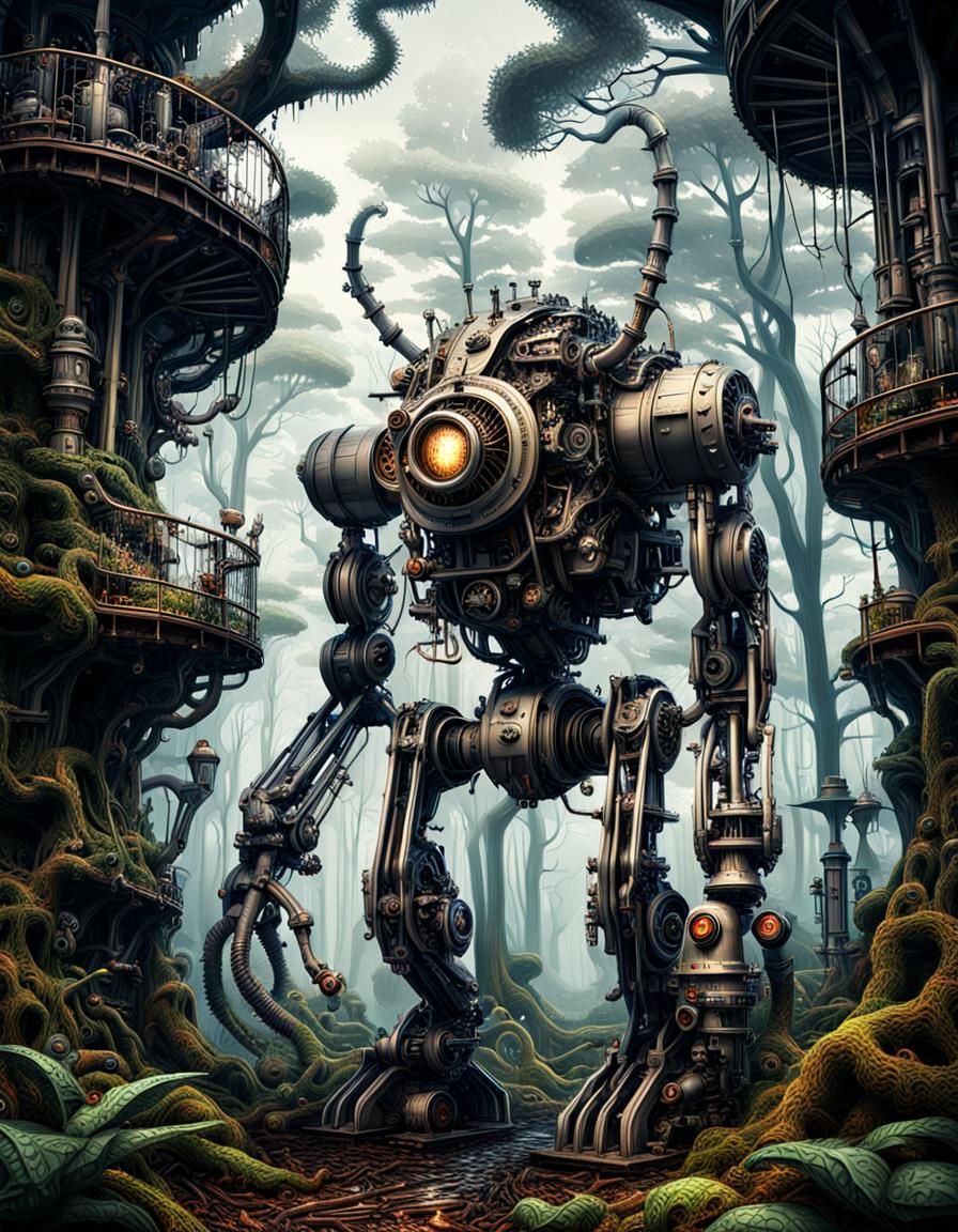 Mechanical Creatures in a Hyperrealistic Forest