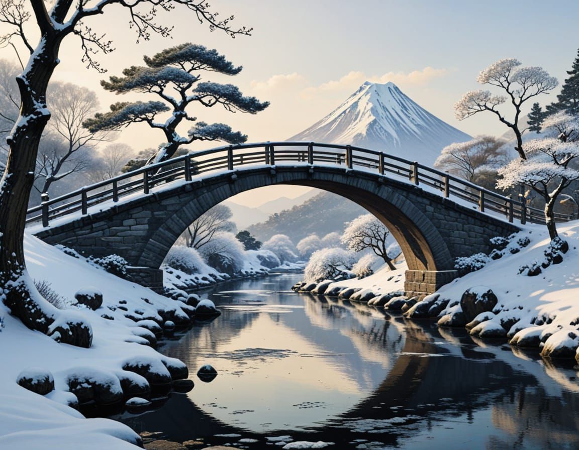 Winter Bridge in Japanese Art Style