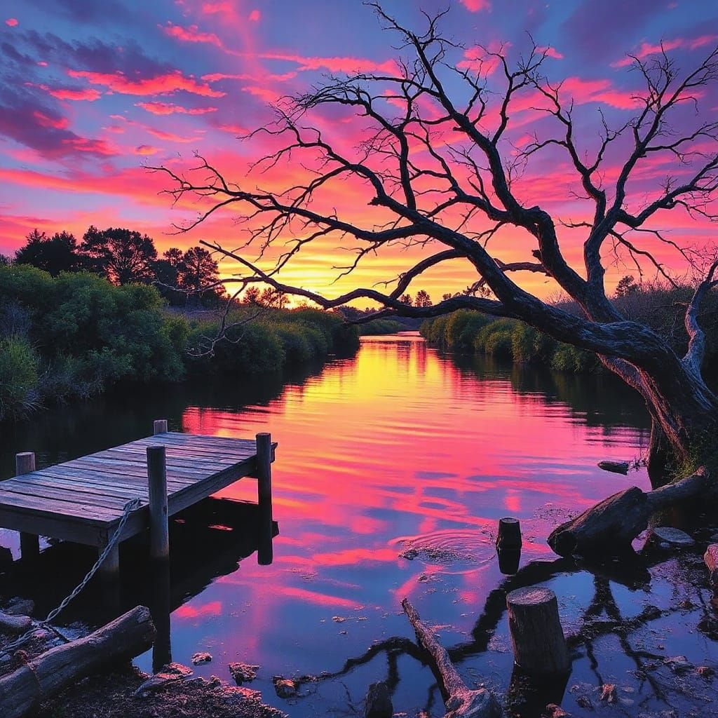 Rustic Dock at Surreal Sunset in Vibrant Colors