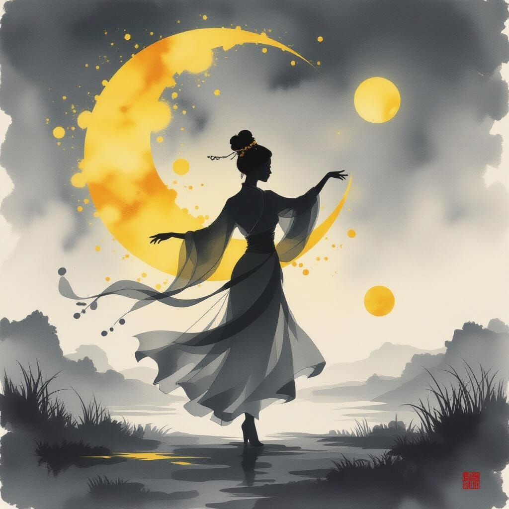 Dancing Ink Silhouette Amidst Celestial Yellow Moon