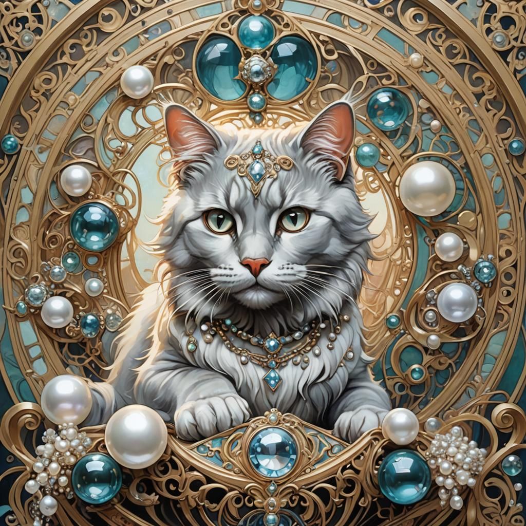 Cat with Pearls: Art Nouveau Rococo Fusion