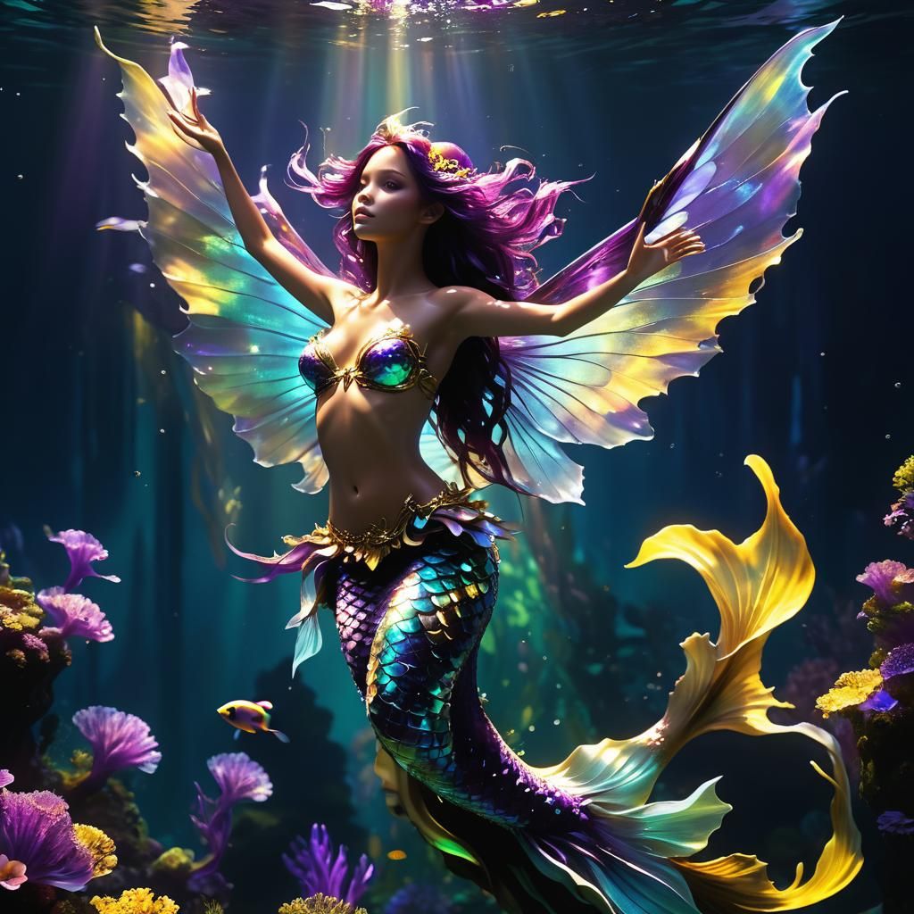 Fantasy Mermaid with Iridescent Wings, Digital Art
