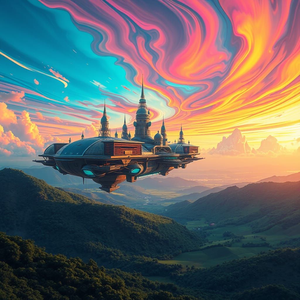 Hyperrealistic Floating City in Psychedelic Sky
