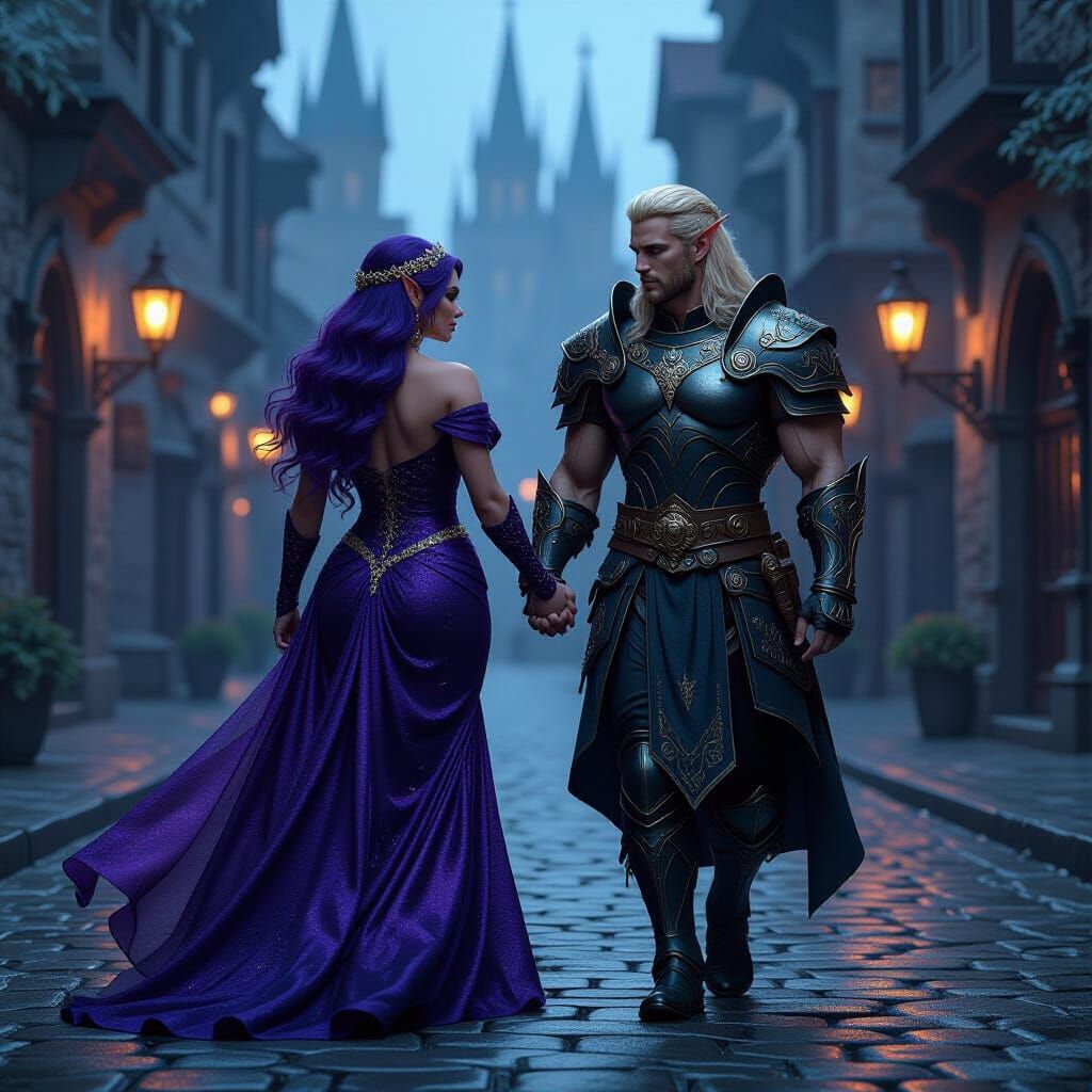 Fantasy Woman and Elf Warrior in Gothic City